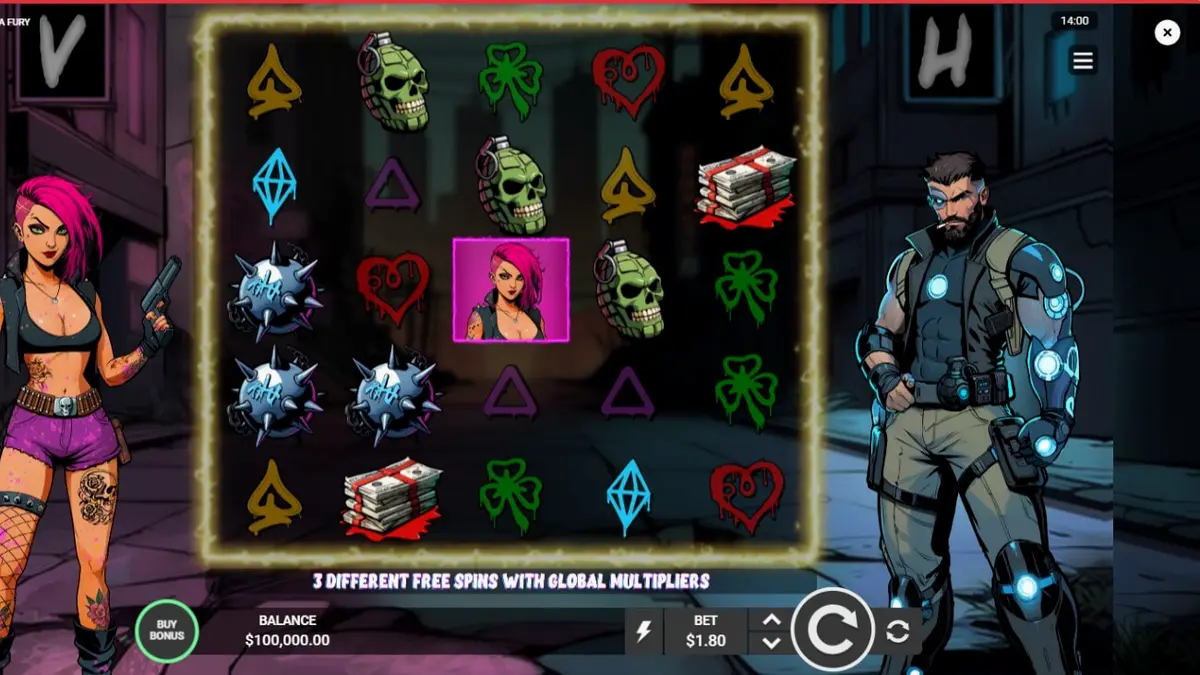 Tampilan visual futuristik dan neon dari slot Vendetta Fury dengan elemen cyberpunk.